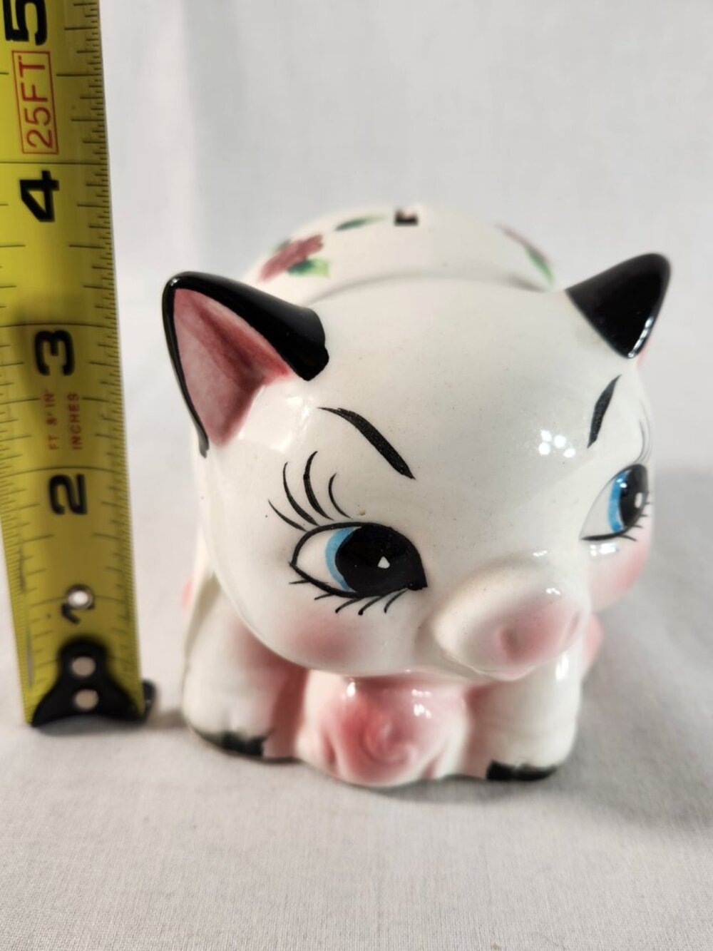 Ries Japan Ceramic Piggy Bank White Vintage 1950s-1960s Hand Painted + Plug - Picture 6 of 9